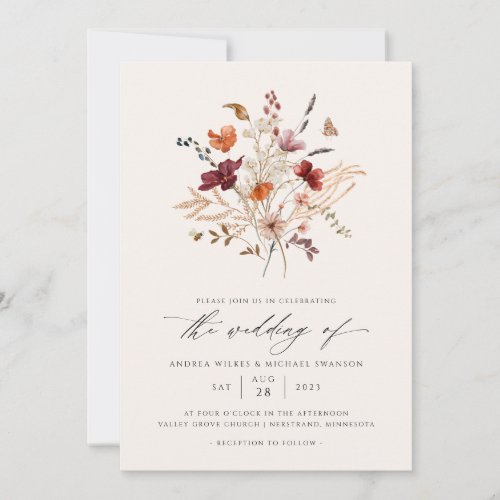 Elegant Boho Wildflower Fall Wedding Photo Invitation