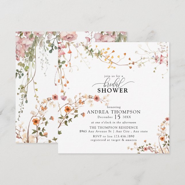 Elegant Boho Wildflower Floral Bridal Shower  Invitation (Front/Back)
