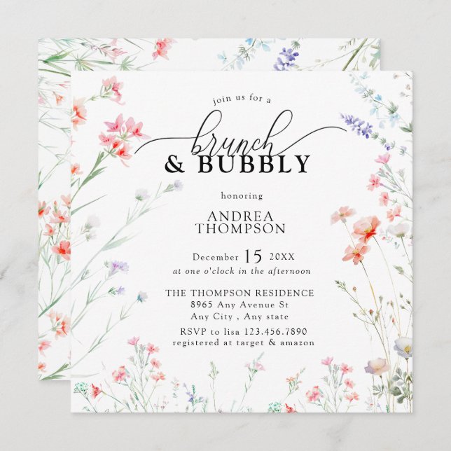 Elegant Boho Wildflower Floral Brunch Bubbly Invitation (Front/Back)