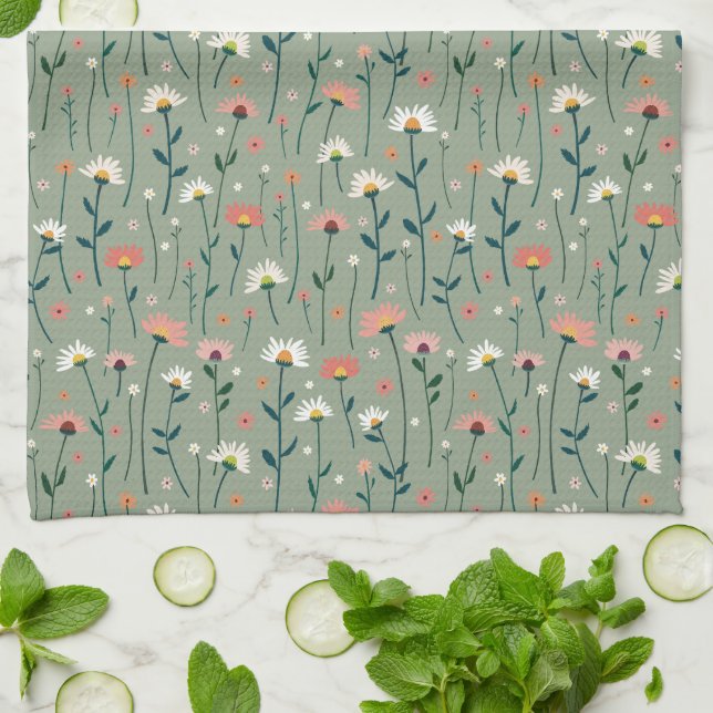 Elegant Boho Wildflower Garden Sage Green Kitchen Towel (Folded)