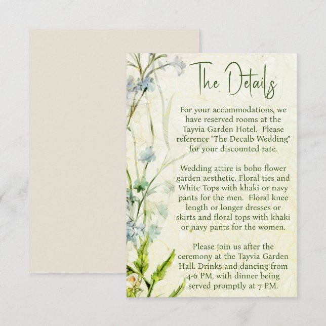 Elegant Boho Wildflower Garden Wedding Details Enclosure Card (Front/Back)