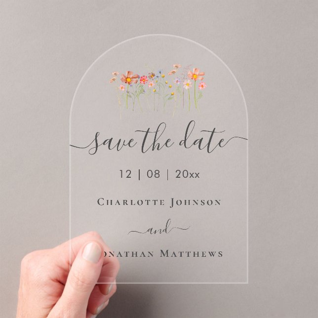 Elegant Boho Wildflower Meadow Wedding Acrylic Invitations (Insitu (Handheld))