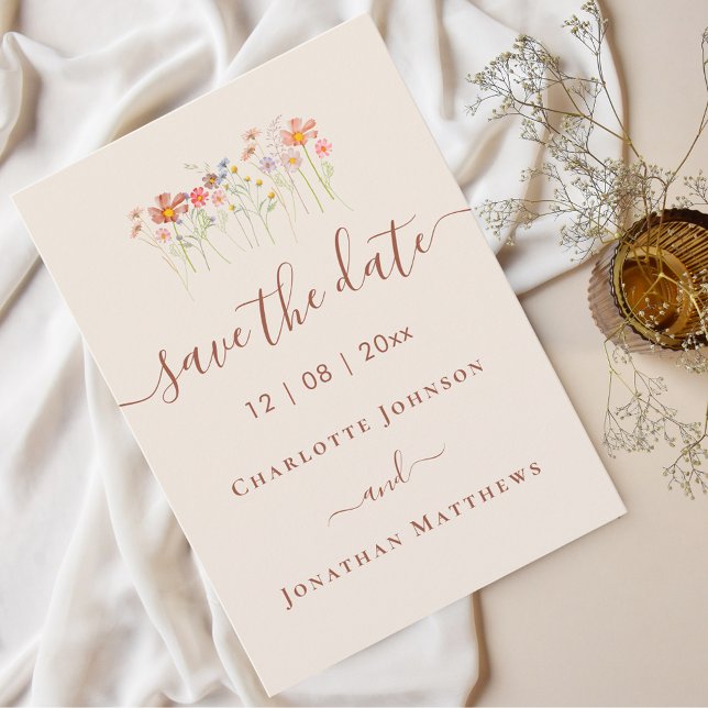 Elegant Boho Wildflower Meadow Wedding Save The Date (Elegant boho Wildflower meadow beige terracotta Wedding save the date card)
