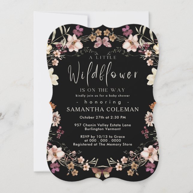 Elegant Boho Wildflower Modern Black Baby Shower Invitation (Front)