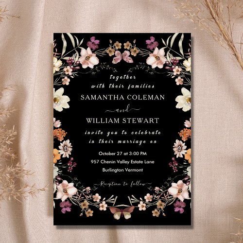 Elegant Boho Wildflower Modern Black Wedding Invitation