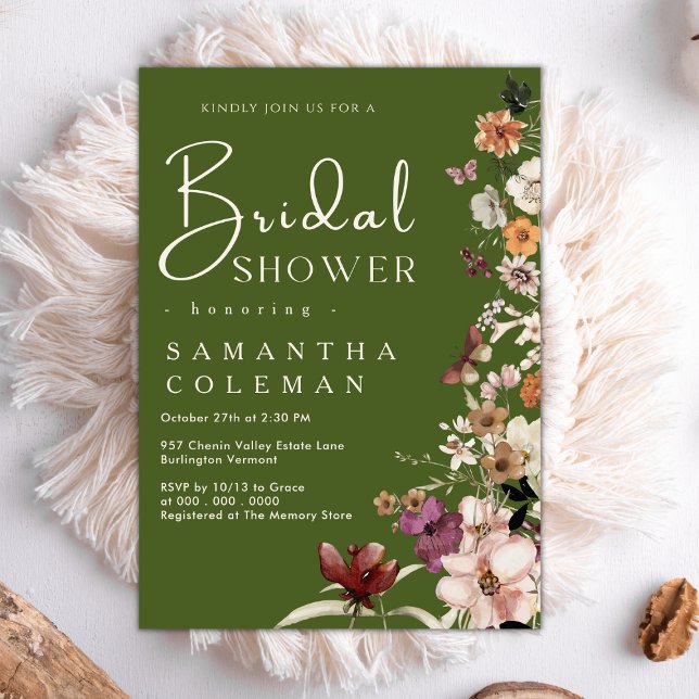 Elegant Boho Wildflower Moss Green Bridal Shower Invitation (Creator Uploaded)