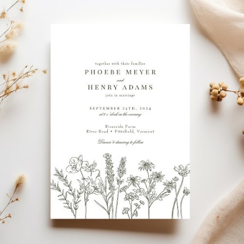 Elegant Boho Wildflower Olive Green Wedding Invitation