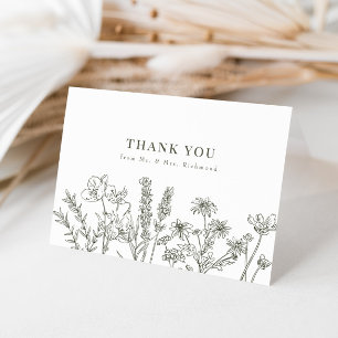 Elegant Boho Wildflower Olive Green Wedding Letterpress Thank You Card