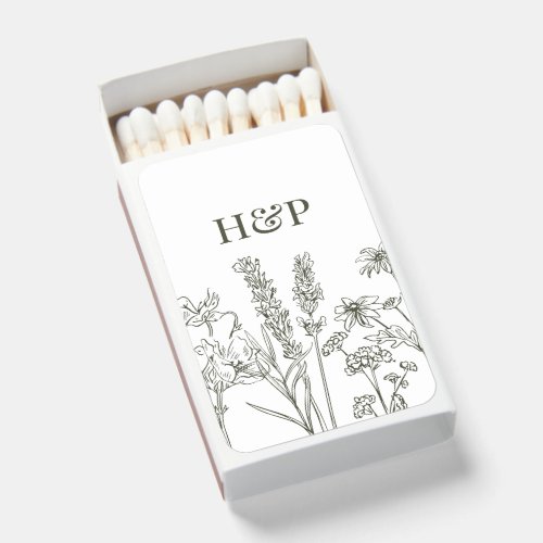 Elegant Boho Wildflower Olive Green Wedding Matchboxes