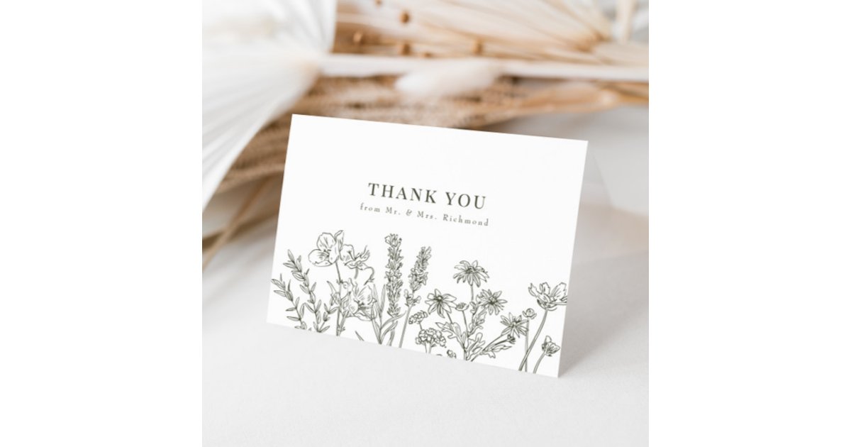 Elegant Boho Wildflower Olive Green Wedding Thank You Card | Zazzle