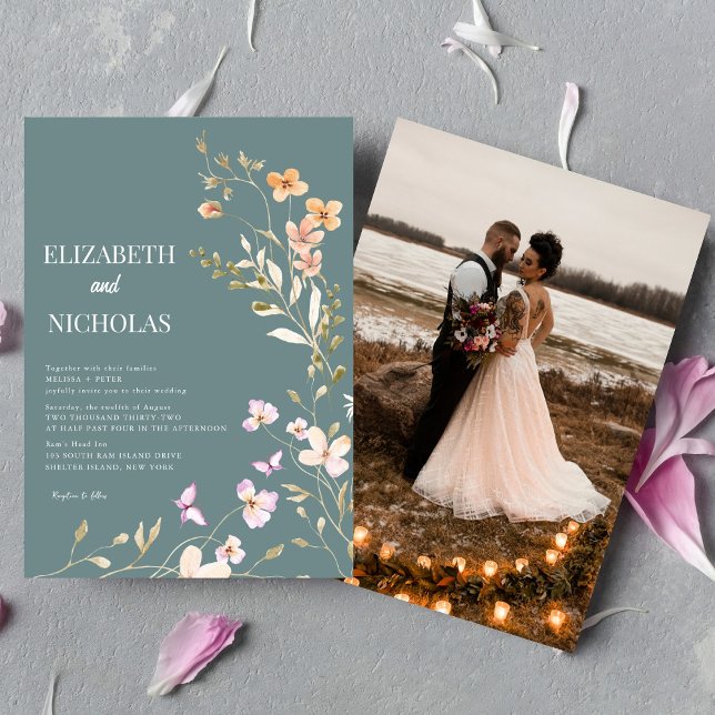 Elegant Boho Wildflower Photo Casual  Wedding  Invitation (Creator Uploaded)