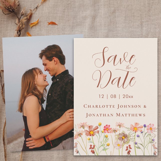 Elegant Boho Wildflower Photo Wedding Save The Date (Boho chic Wildflower meadow fall floral photo Wedding save the date card elegant script)