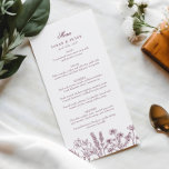 Elegant Boho Wildflower Purple Burgundy Wedding Menu<br><div class="desc">Elevate your special day with our stunning Boho Wildflower Wedding Menu, exquisitely designed to complement your romantic celebration. This menu features a delicate arrangement of hand-painted wildflowers in shades of purple and burgundy, creating an enchanting botanical vibe that captures the essence of boho elegance. The rich color palette harmonizes with...</div>