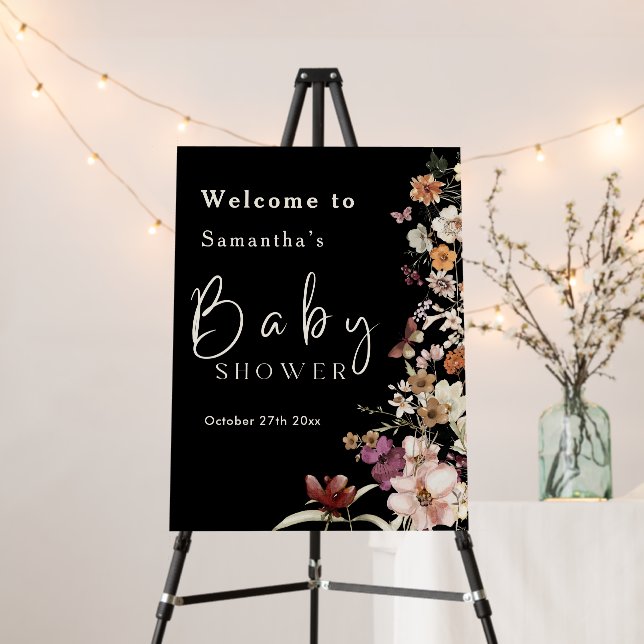 Elegant Boho Wildflower Royal Black Baby Shower Foam Board (In Situ (Stand))