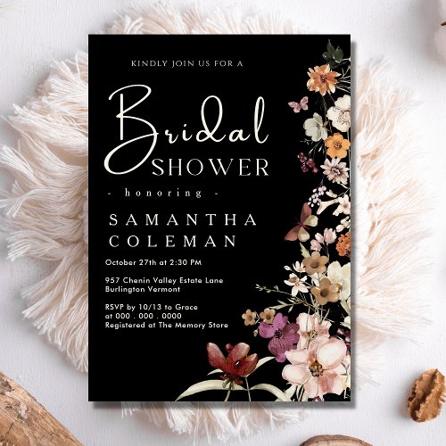 Elegant Boho Wildflower Rustic Black Bridal Shower Invitation