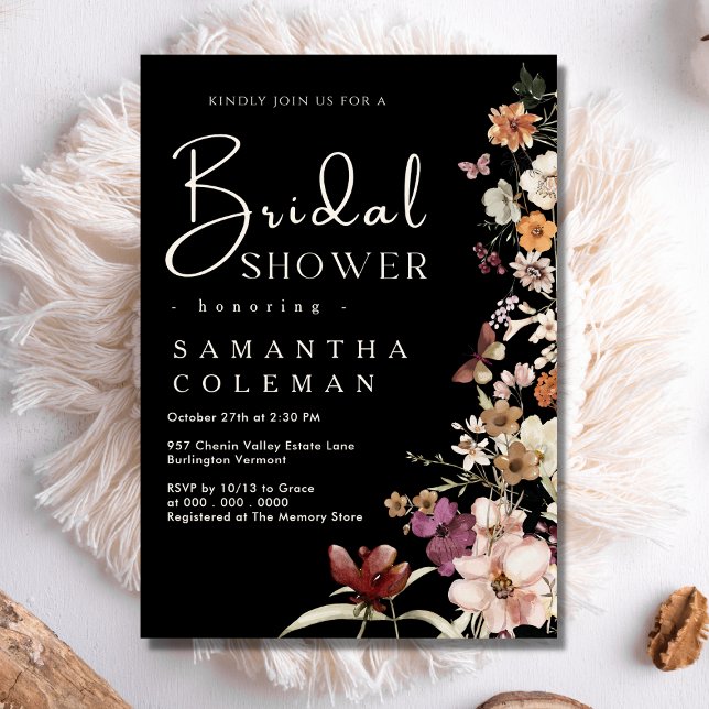 Elegant Boho Wildflower Rustic Black Bridal Shower Invitation (Creator Uploaded)