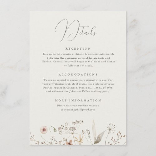 Elegant Boho Wildflower Wedding Details Enclosure Card