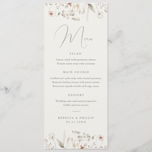 Elegant Boho Wildflower Wedding Dinner Menu