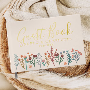 Elegant Boho Wildflower Wedding Gold Foil Guest Book
