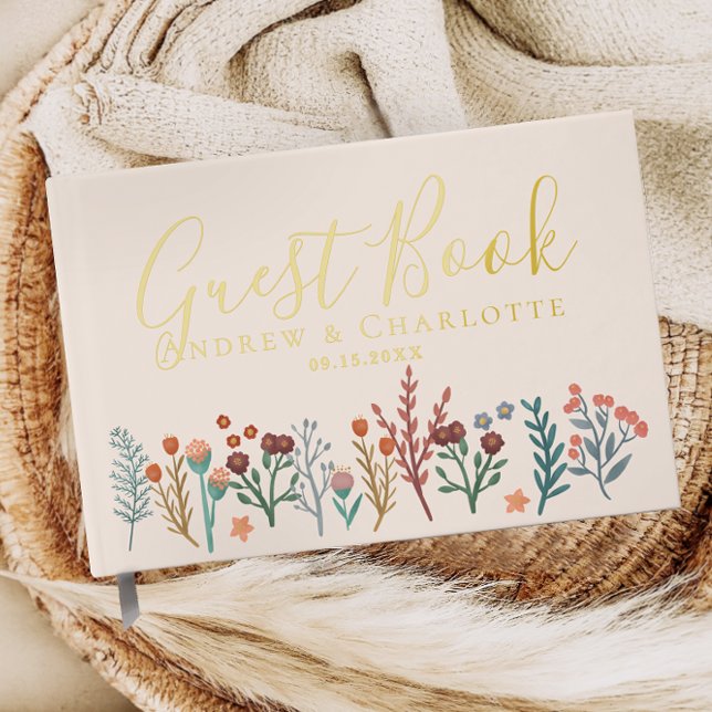 Elegant Boho Wildflower Wedding Gold Foil Guest Book (Creator Uploaded)