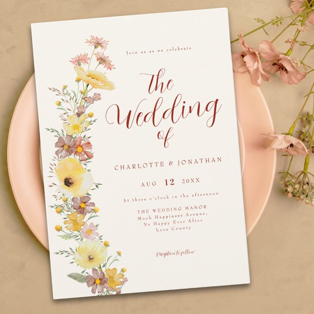 Elegant Boho Wildflower Wedding Invitation (Boho chic wildflower yellow burnt orange peach wedding invitation )