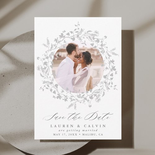 Elegant Boho Wildflower Wedding Photo Gray  White Save The Date