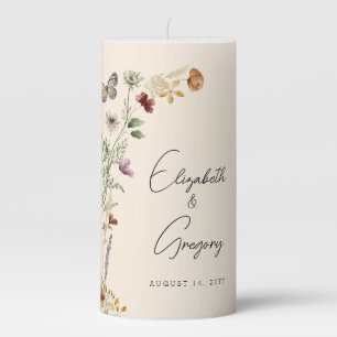 Elegant Boho Wildflower Wedding Pillar Candle