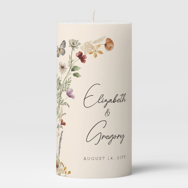 Elegant Boho Wildflower Wedding Pillar Candle (Front)