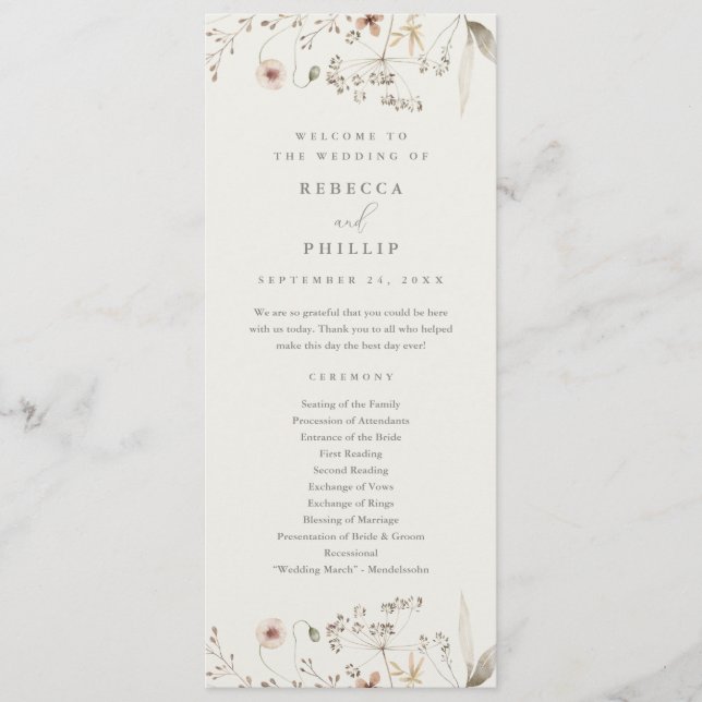 Elegant Boho Wildflower Wedding Program (Front)