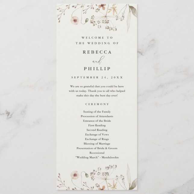 Elegant Boho Wildflower Wedding Program (Front)