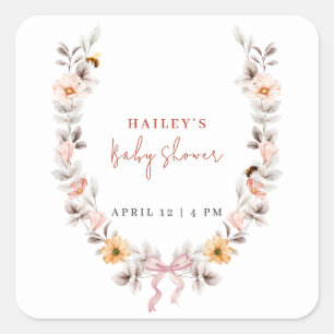 Elegant Boho Wildflower Wreath Baby Shower Square Sticker
