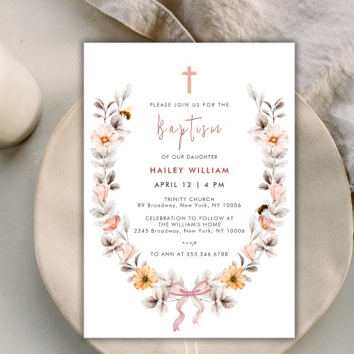 Elegant Boho Wildflower Wreath Girl Baptism Invitation