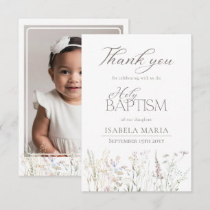 Elegant Boho Wildflowers Baptism Photo Thank You Card