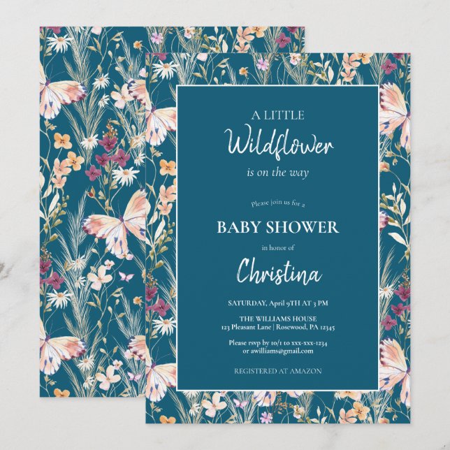 Elegant Boho Wildflowers Blue Baby Shower Invitation (Front/Back)