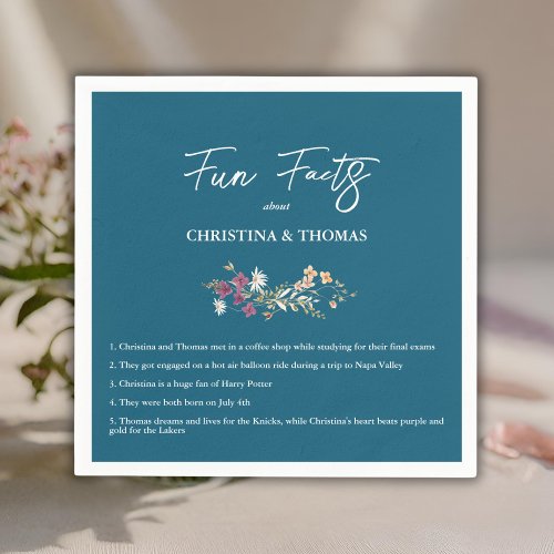 Elegant Boho Wildflowers Blue Fun Facts Wedding Napkins