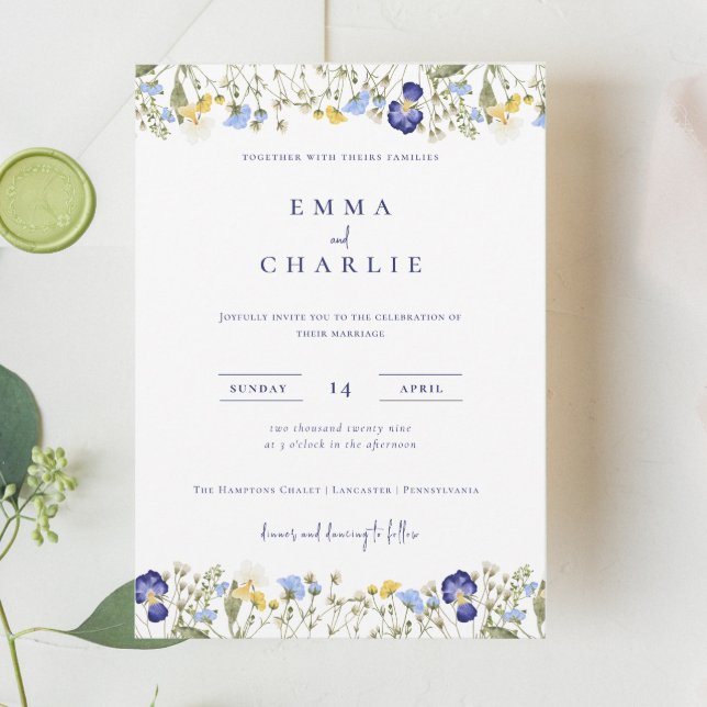 Elegant Boho Wildflowers blue Script Wedding Invitation (Creator Uploaded)