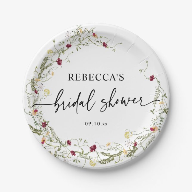 Elegant Boho Wildflowers Bridal Shower Paper Plates (Front)
