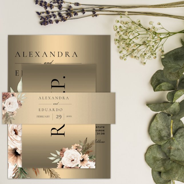 Elegant Boho Wildflowers Gold Wedding Invitation Belly Band (Creator Uploaded)