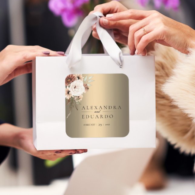 Elegant Boho Wildflowers Gold Wedding Square Sticker (Creator Uploaded)