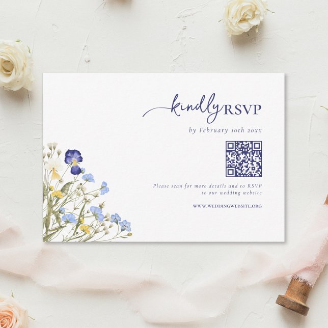 Elegant Boho Wildflowers Wedding QR code RSVP Card (Creator Uploaded)
