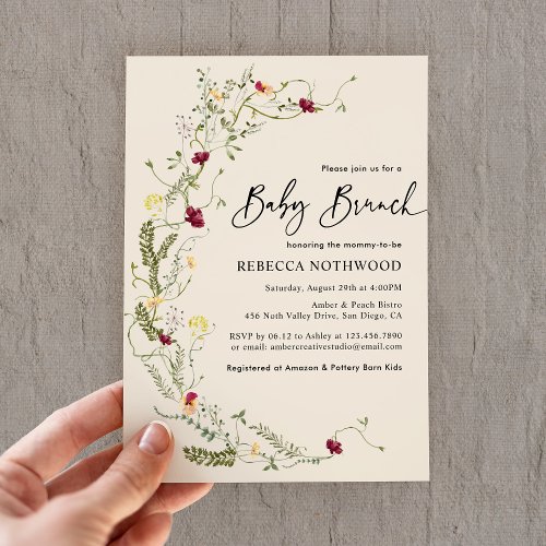 Elegant Boho Wildflowers Wreath Baby Brunch Invitation