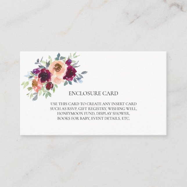 ELEGANT BOHO WINE BLUSH WATERCOLOR FLORALS  ENCLOSURE CARD (Front)