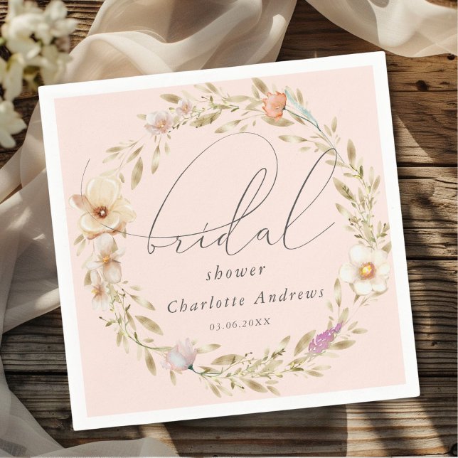 Elegant, boho wreath, handwriting Bridal Shower Napkins (Personalized, elegant, boho wreath, handwriting Bridal Shower Napkins)