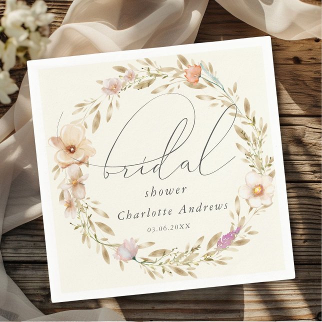 Elegant, boho wreath, handwriting Bridal Shower Napkins (Personalized, elegant, boho wreath, handwriting Bridal Shower Napkins)