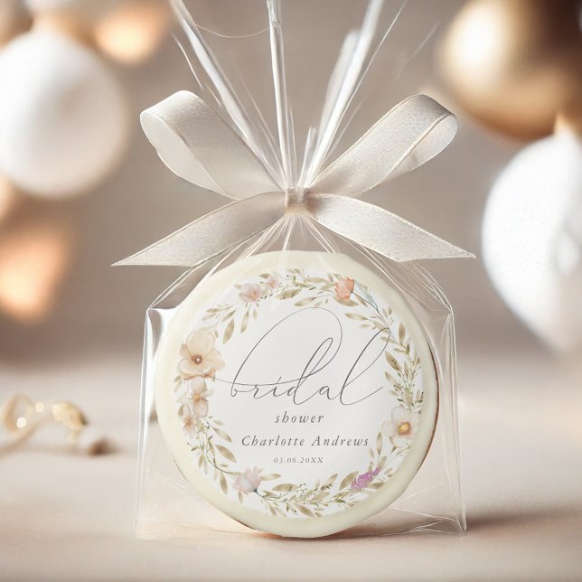 Elegant, boho wreath, handwriting Bridal Shower Sugar Cookie (Elegant, boho wreath, handwriting Bridal Shower Sugar Cookie with your name and date.)