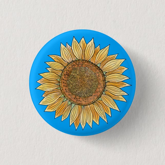 Elegant Boho Yellow and Blue Watercolor Sunflower  Button (Front)