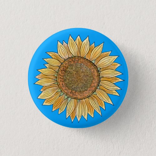 Elegant Boho Yellow and Blue Watercolor Sunflower  Button