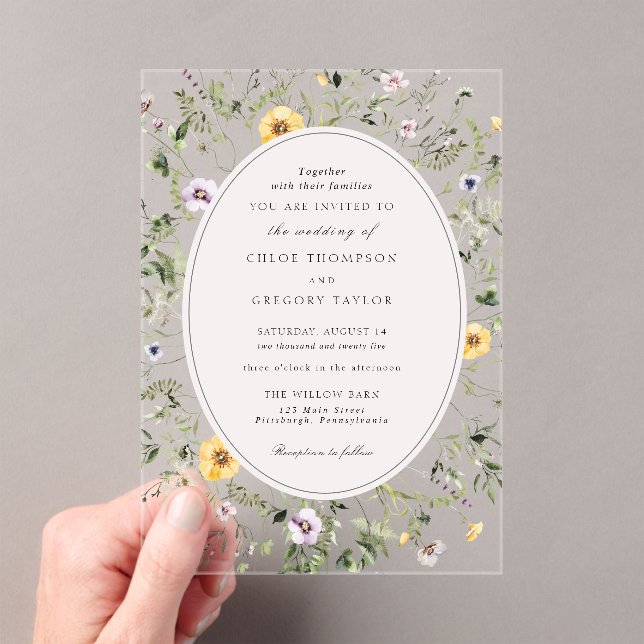Elegant Boho Yellow Wildflower Greenery Wedding Acrylic Invitations (Insitu (Handheld))