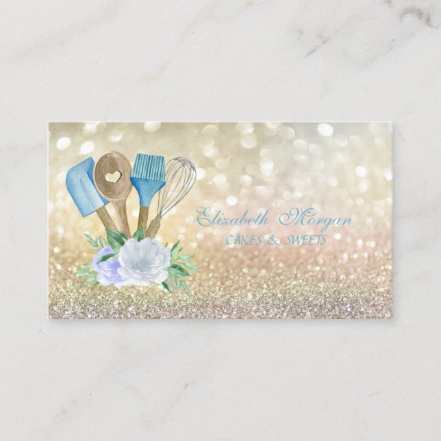 Elegant Bokeh Bakery Hand Tools Flowers Business Card (Front)