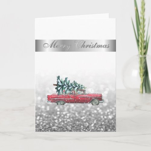 Elegant BokehChic Retro Car Christmas Tree   Holiday Card